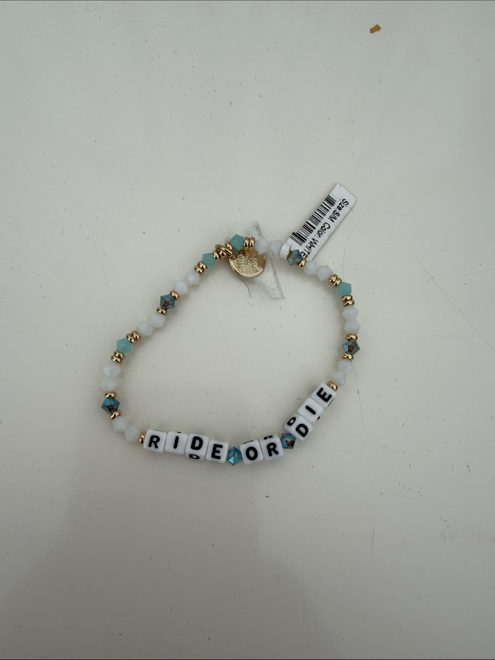 NWT LWP 'RIDE OR DIE' Beaded Stretch Bracelet - White & Aqua